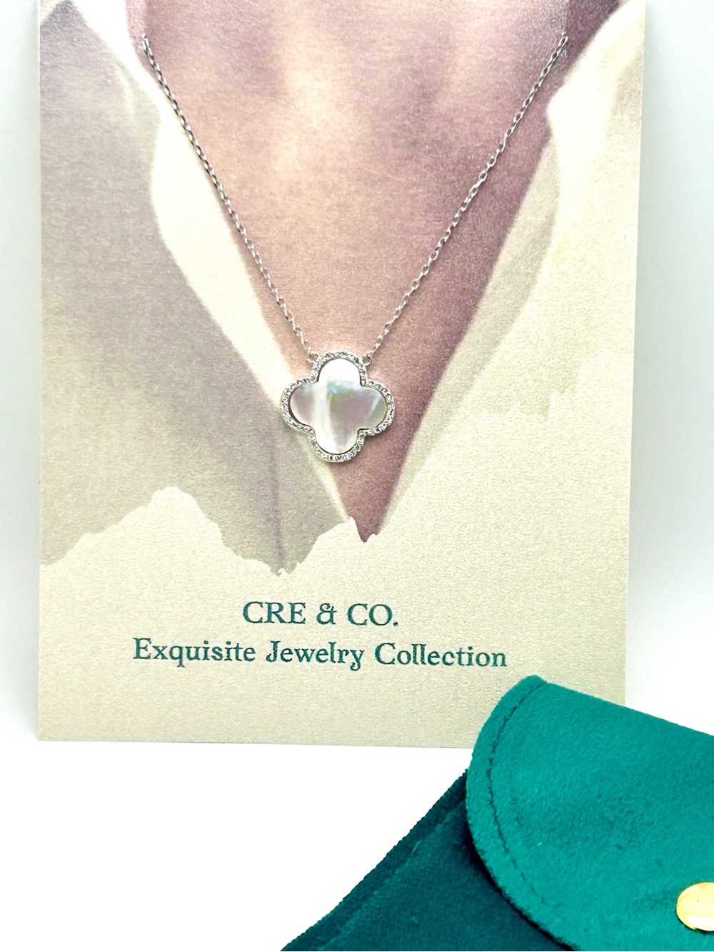 Double sided Shell Pendant Necklace w/ Swarovski Crystals Brass 18k white plated